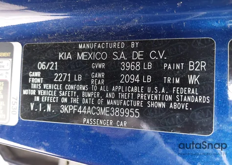 2021 Kia Forte Gt from USA, damaged, VIN 3KPF44AC3ME389955